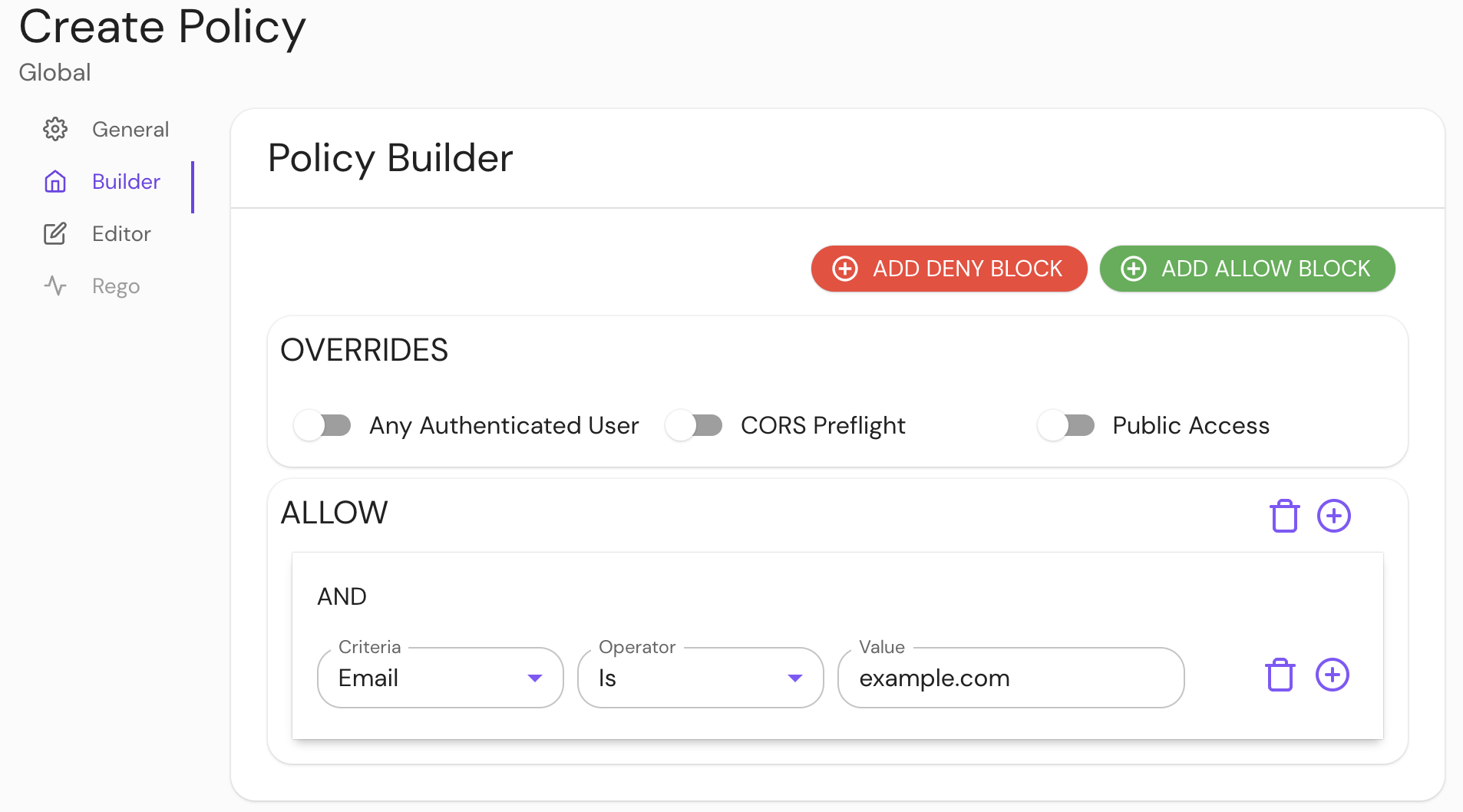 Add actions and rules in the policy builder