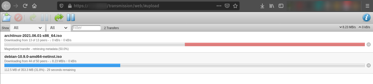 The Transmission web interface, secured with Pomerium